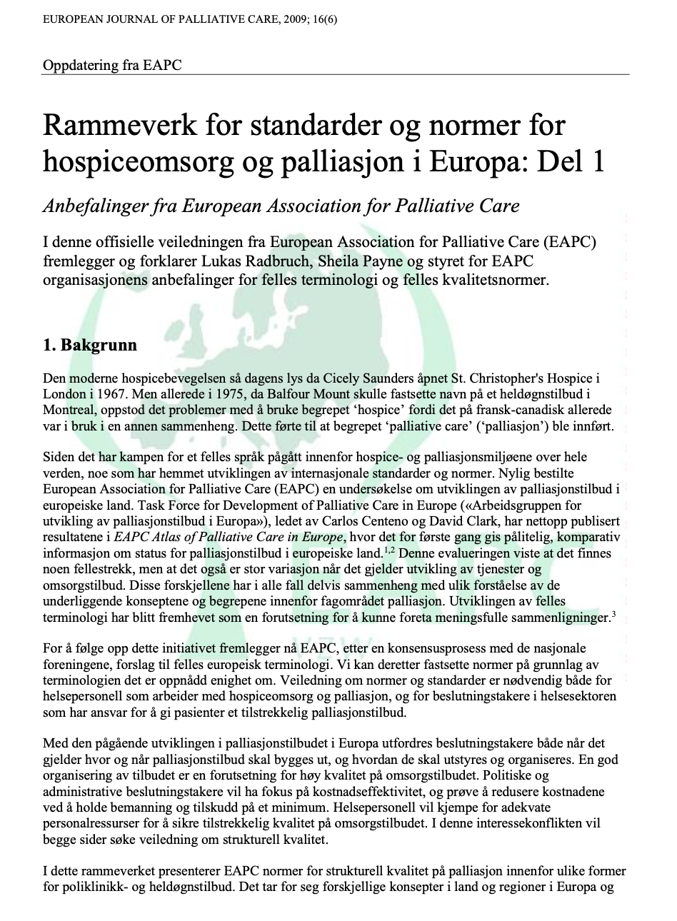 Anbefalinger fra European Association for Palliative Care